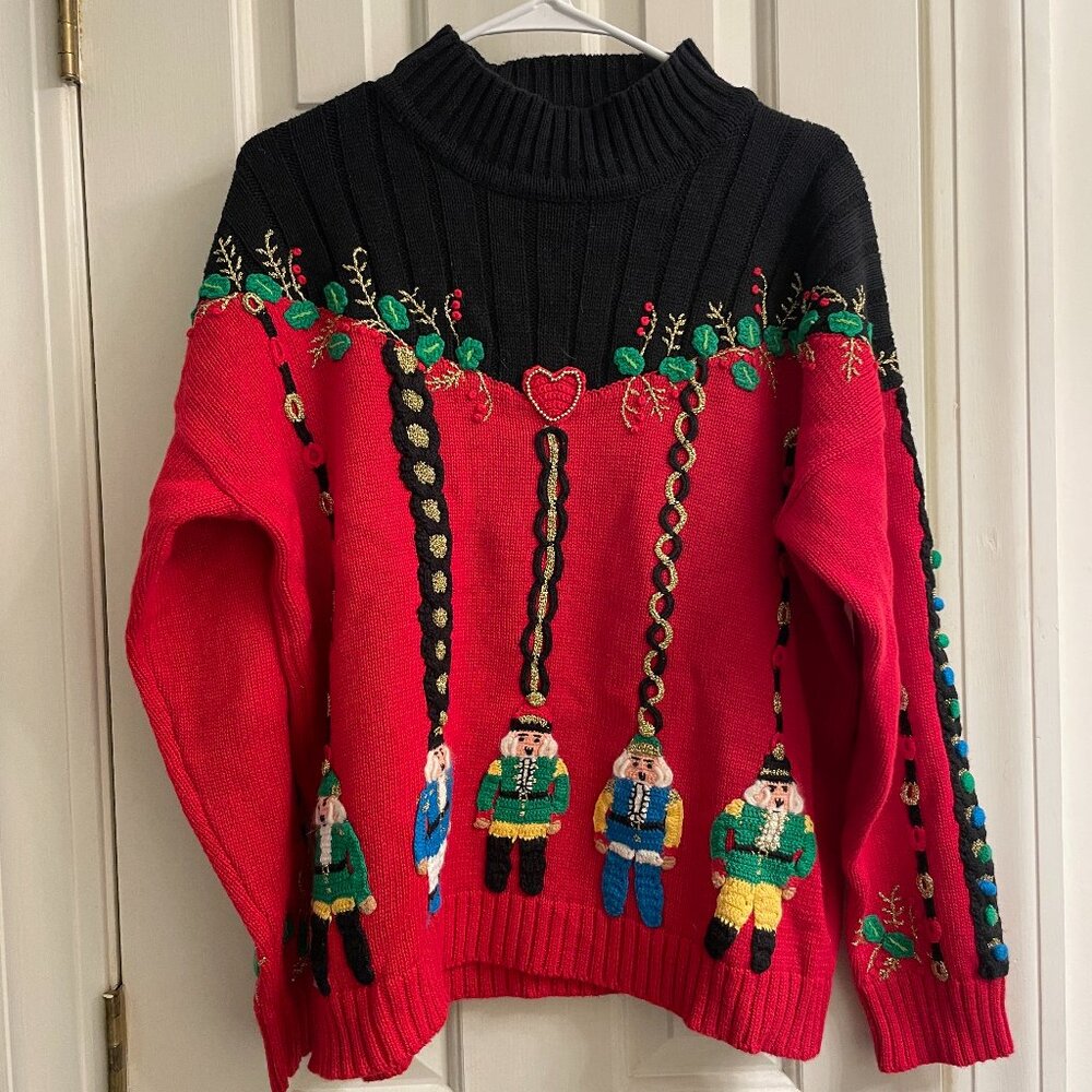 Vintage Berek The Nutcracker Red Black Ugly Christmas Sweater